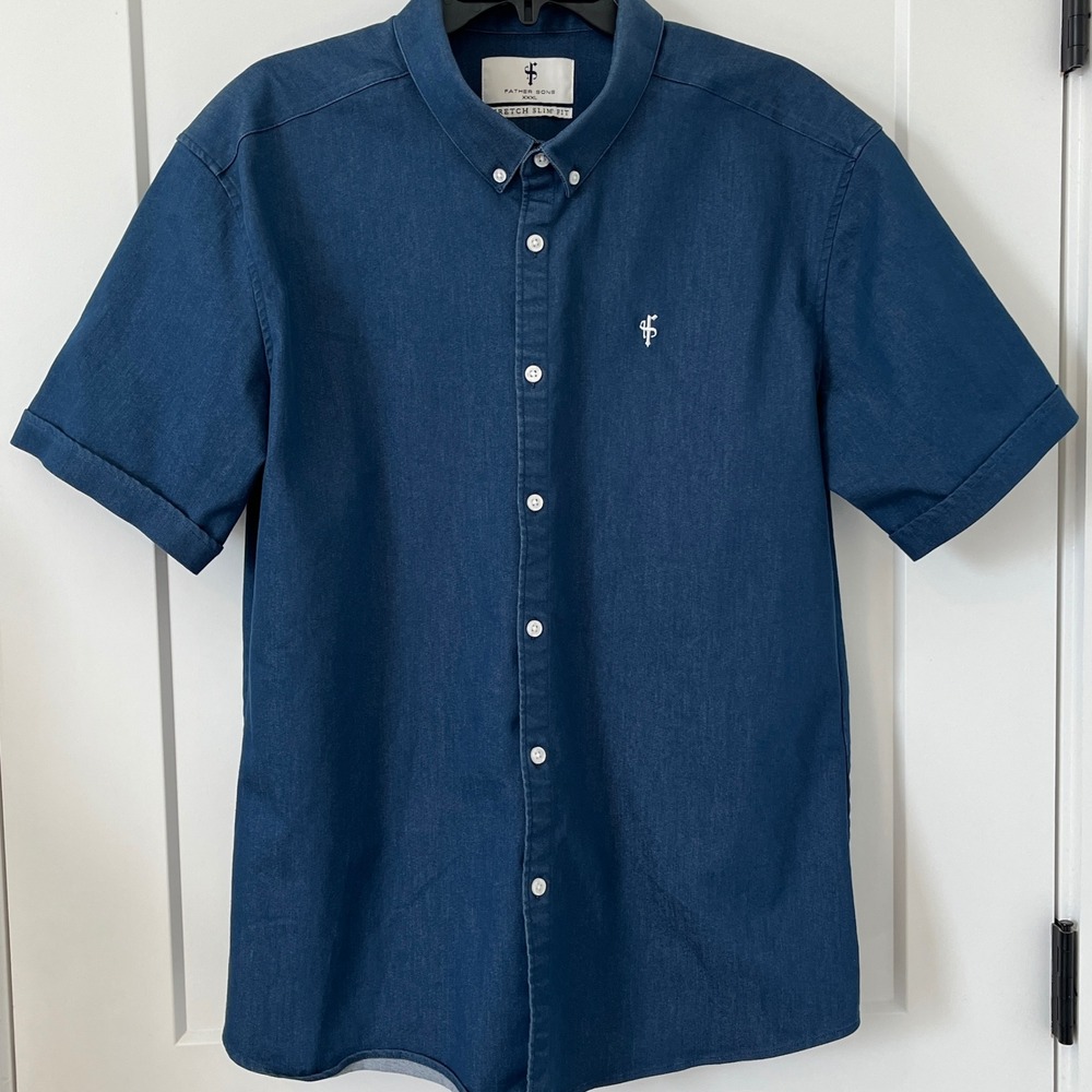 Father Sons Super Slim Stretch Blue Denim Short Sleeve Button Shirt XXXL FS346